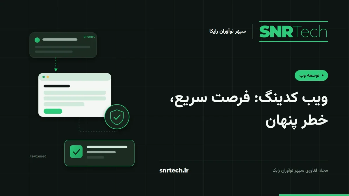 تصویر شاخص SNRTech درباره ویب کدینگ؛ از درخواست به هوش مصنوعی تا نمونه اولیه، سپر بازبینی و نرم‌افزار نهایی.